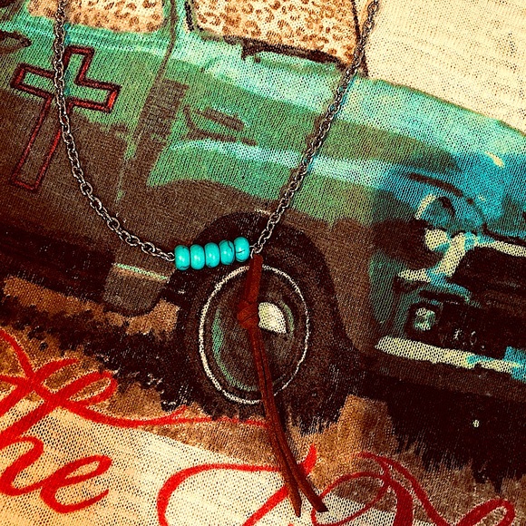 CowgirlZ at HEART Jewelry - TURQUOISE BAR NECKLACE With LEATHER TASSEL ON SILVER CHAIN
